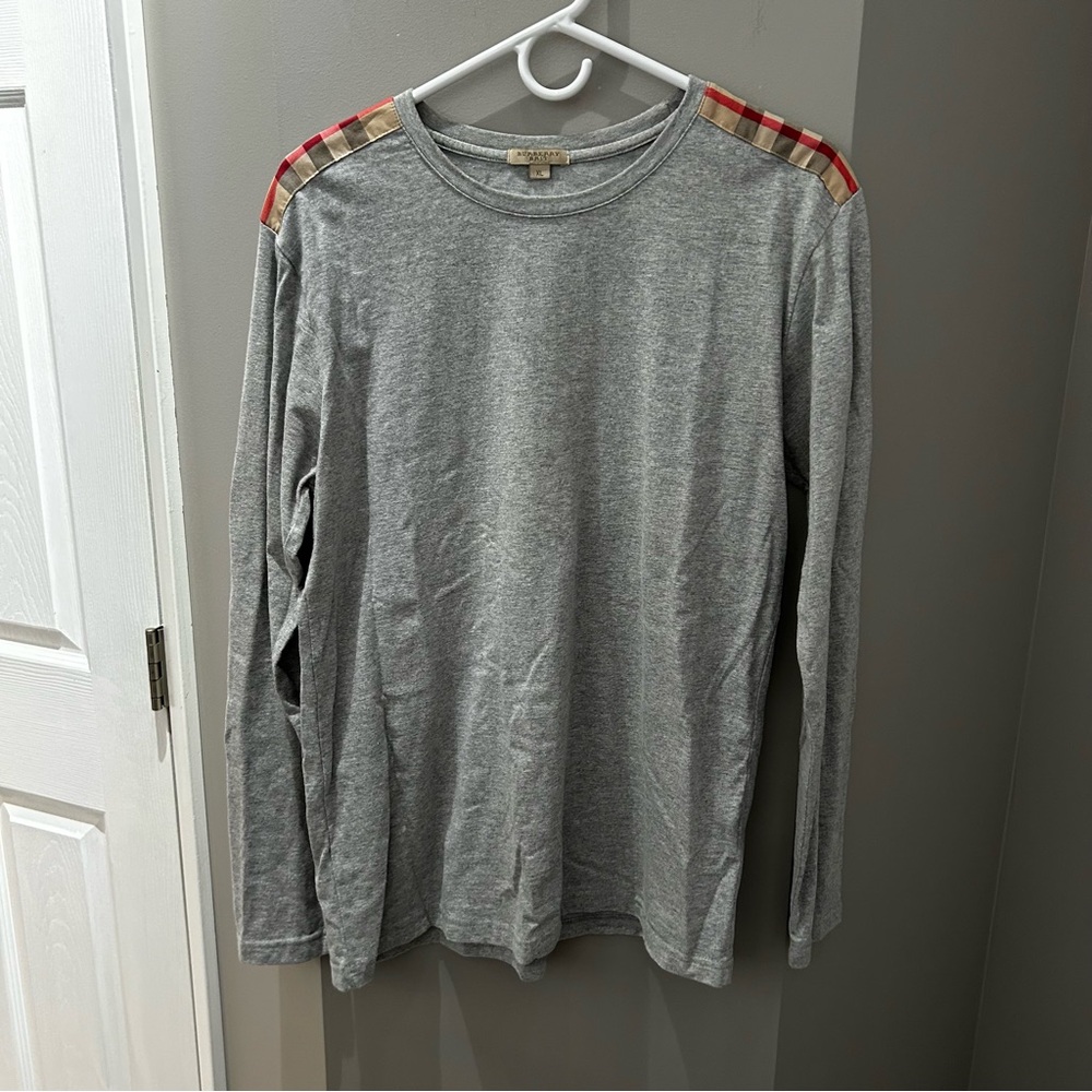 Burberry Gray Long Sleeve Shirt with Plaid Accents